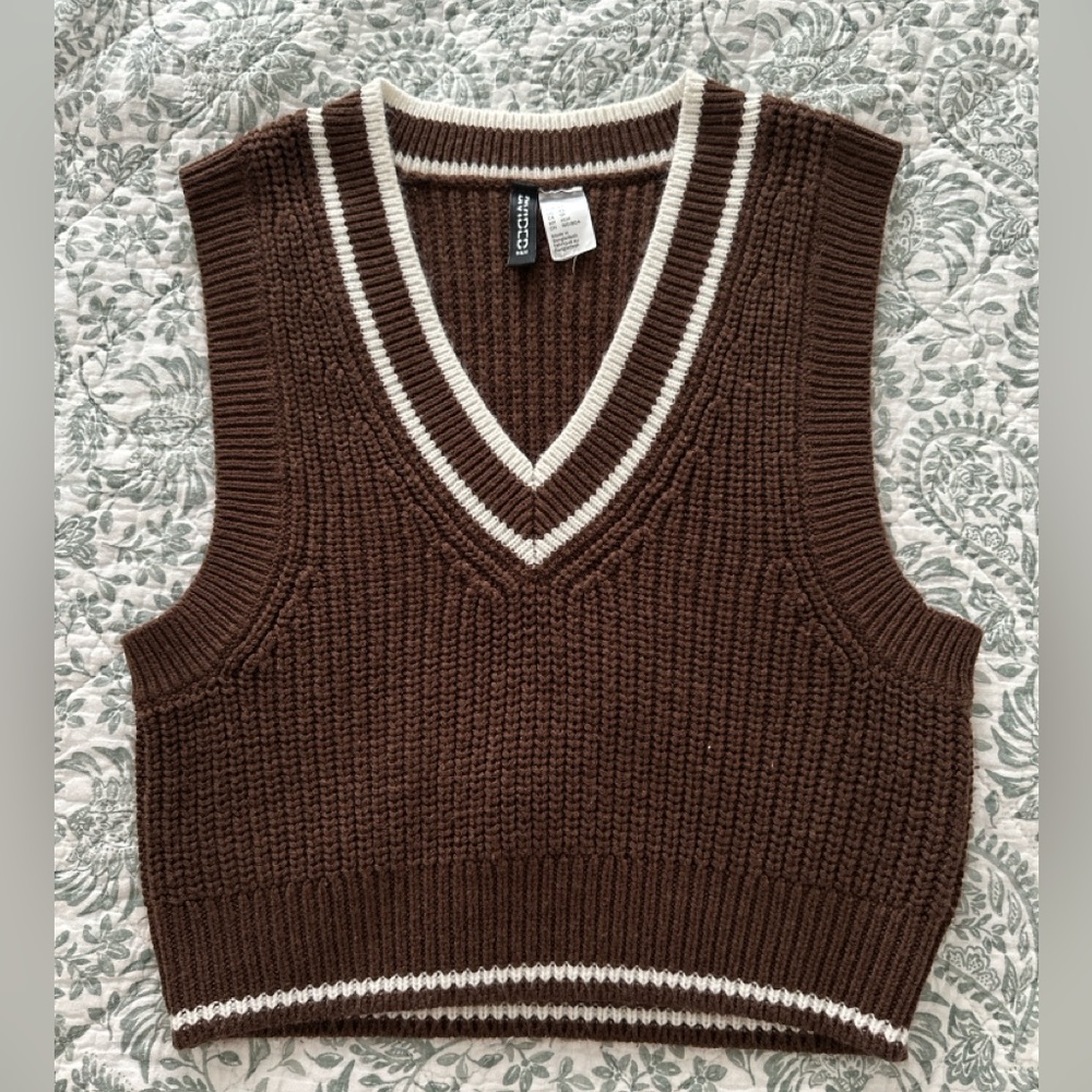 H&M Chocolate Knit Sweater Vest with Cream Trim